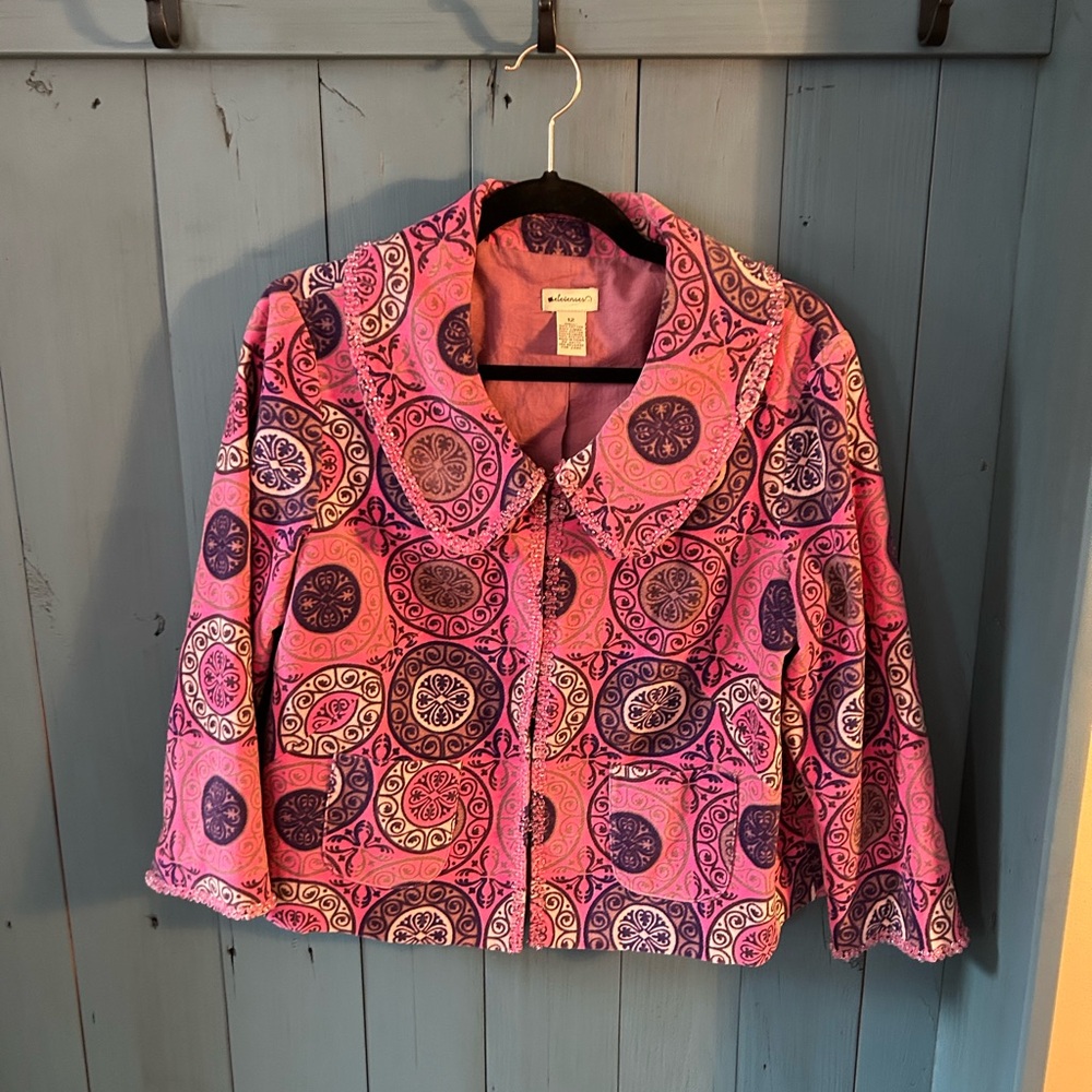 Anthropologie Pink and Purple Velvet/Beaded Women's Jacket/Blazer, Size 12